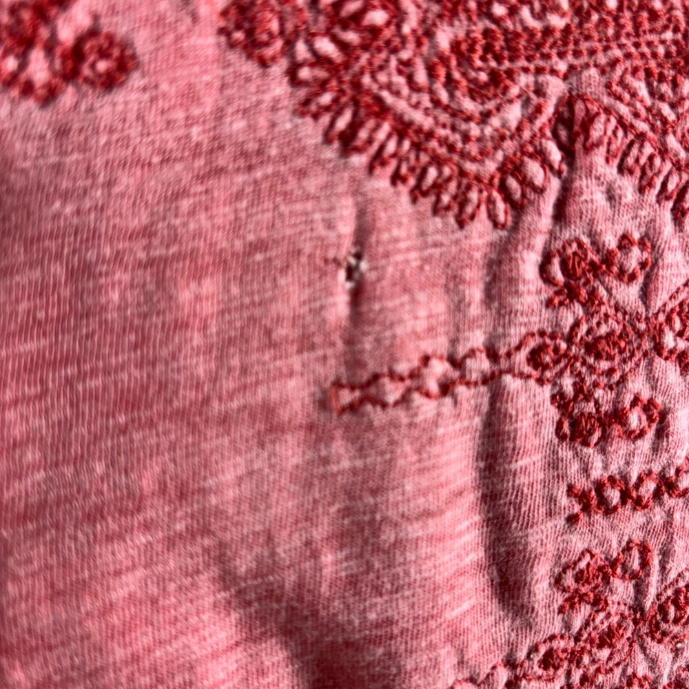 Style & Co Pink Embroidered Henley Top Roll Tab Sleeve Smocked Back Medium - Picture 5 of 8